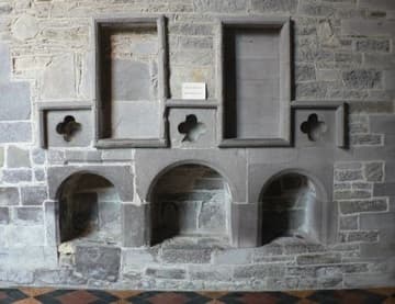 The back of St. David's Shrine, built in 1275, from the north aisle. The shrine stands in its original position, but its relics and treasures were confiscated during the Reformation. The relics of St. David are now believed to rest in an oak reliquary in the Holy Trinity Chapel.