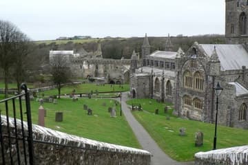 View of Bishop's Palace (left) and cathedral from medieval gate.