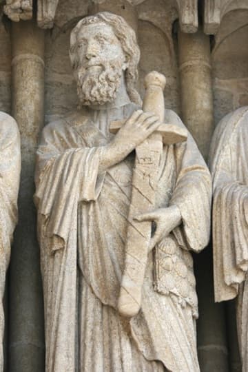 Sculpture of St. James the Greater with sword and pilgrim's purse.