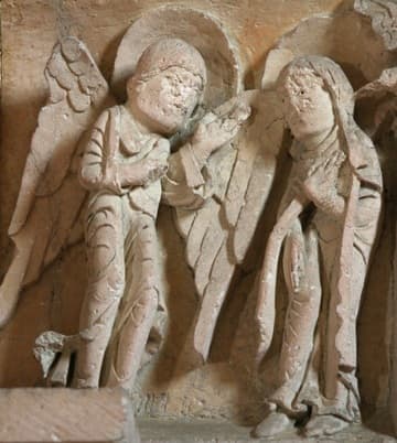 The Annunciation. Detail of tympanum over the south (right) door in the narthex (c.1140-50), depicting scenes related to the birth of Christ.