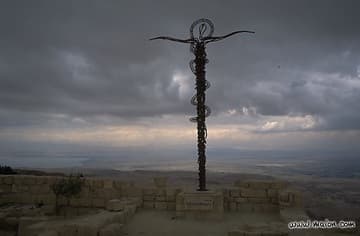 Modern sculpture of Moses' staff at Mt. Nebo.