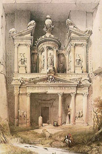 The Treasury as it appeared in the 1830s, before the more recent influx of tourists. Note the stream in the foreground; this has since been diverted for the safety and convenience of Petra visitors.