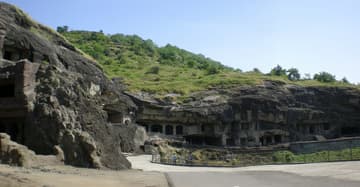 Panoramic view of some of the Ellora Caves.