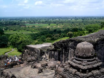 Magnificent view from the Kailash Temple (Cave 16), built c.770-870 AD as a stone replica of Mount Kailash, home of Shiva and Parvati.