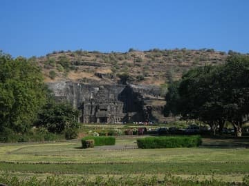 View of the monumental Kailash Temple (Cave 16), built c.770-870 AD as a stone replica of Mount Kailash, home of Shiva and Parvati.