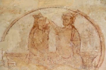 Coronation of the Virgin Mary as the Queen of Heaven. Late 13th-century wall painting in the nave of Black Bourton Church, Oxfordshire, England.