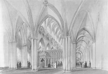 Artist's impression of the east end of the church looking west, with the Shrine of the Holy Blood in the center. Drawing by Terry Bell, from J.G. Coad,