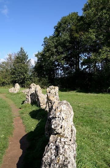 On the path inside the King's Men, looking northeast. The King's Men is a stone circle dating from about 2500-2000 BC. It is almost perfectly round and has a diameter of 104 ft (33 m). Originally, there may have been as many as 105 stones, but today there are 77 stones. Over a third of the stones were put back in place during the site's restoration in 1882. The stones are of heavily-weathered local oolotic limestone. Rollright Stones, Oxfordshire, England.