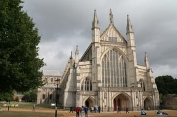 Winchester Cathedral's Gothic west front, added in the 14th century.