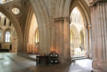 View of the crossing, scissor arches and nave from the north transept. 14th century (nave 13th century). Wells Cathedral, Wells, Somerset, England.