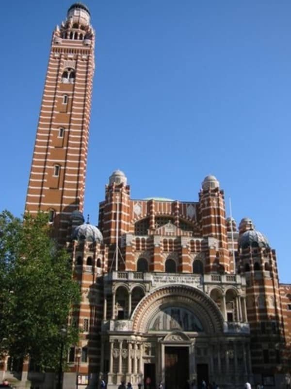 The Byzantine-style brick exterior of Westminster Cathedral in London.