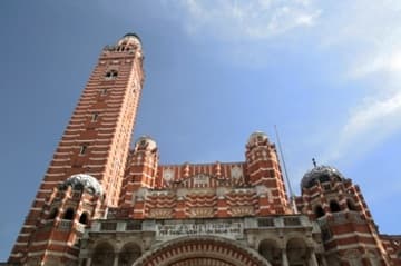 Closer look at the facade and tower of Westminster Cathedral.