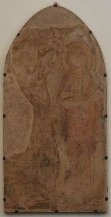 Medieval mural (c.1230) depicting a scene from the life of the Virgin Mary (the Annunciation?). Originally painted in the crypt, now displayed in the south transept.