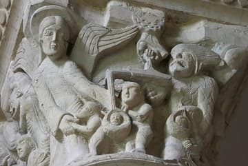 Detail of Last Judgment capital: Weighing of Souls.