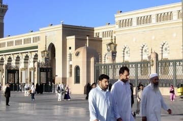 Pilgrims outside the Prophet's Mosque.