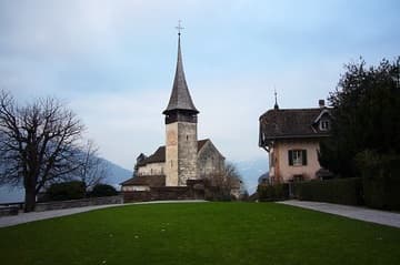 View of the Schlosskirche from Spiez Castle.