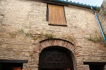 Brick facade over the main entrance. Sinagoga de Cordoba, 1350. Jewish Quarter, Cordoba, Andalusia, Spain.