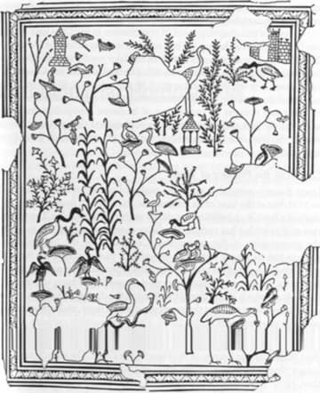 Drawing of the figurative floor mosaic in the Church of the Loaves and Fishes.