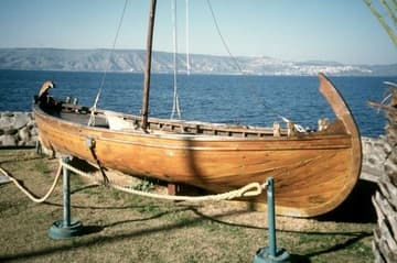 Full-scale model of the Jesus Boat on the grounds of the Kibbutz Ginosar.