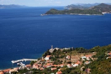 View of the monastery and blue sea from above.