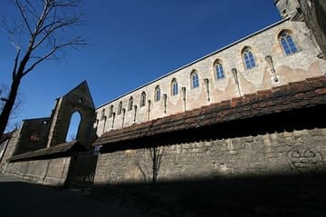 View of ruined nave and west front from southeast.
