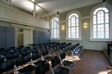 Interior looking north, with a view of the women's gallery on the left. Kleine Synagoge (Small Synagogue), 1840, Erfurt, Germany.