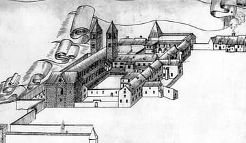 Drawing of the St Jakob monastery by Bucelinus (1640).