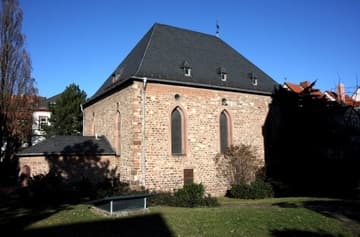 View of the Men's Synagogue, the oldest section of the Alte Synagoge, from south. Built in 1175, rebuilt with some original materials 1961. Extending to the west is the Rashi Chapel, a study room added in 1623-24. Worms, Germany.