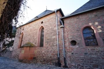 East side of the Men's Synagogue, the oldest section of the Alte Synagoge, with small Torah niche. Built in 1175, rebuilt with some original materials 1961. The Women's Synagogue, added in 1212, extends to the north on the right of the photo. Worms, Germany.