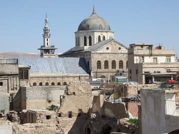 View of the Great Mosque across Damascus rooftops.