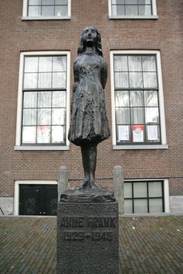 Modern statue of Anne Frank near her house.