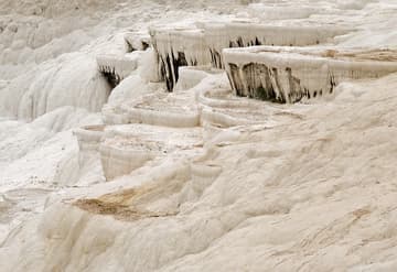 Closeup view of the white terraces of Pamukkale.