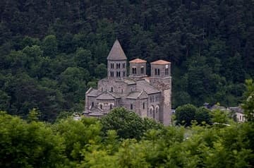View of Saint-Nectaire Church from the northeast, 12th century. Auvergne, France.
