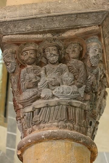 The Multiplication of the Loaves and Fishes. Capital 1 of 6 in the choir, 12th century. Saint-Nectaire Church, Auvergne, France.