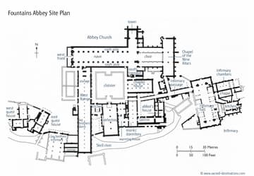 Site plan of Fountains Abbey. Our photo tour begins at the far left. Click image for a full-sized, interactive plan.