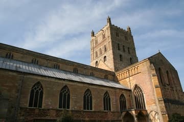 Nave, south transept and tower from the southwest. Related pages: