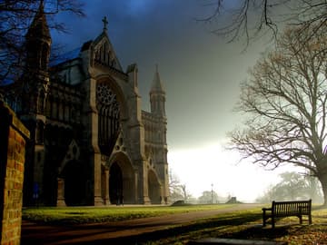 Smoke and light at St Albans Cathedral, following a major fire at a fuel depot in Hemel Hempstead in December 2005. Photo Duncan Laws. Related pages: