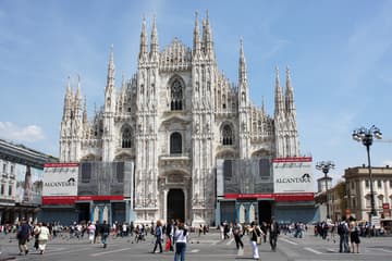 Gothic west facade of Milan Cathedral, begun in 1386.