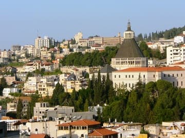 The huge concrete dome of the Basilica of the Assumption dominates the skyline of Nazareth. Photo John W. Samples. Related pages: