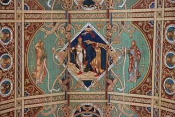 Jonah, Abraham and Isaac, Joel. Detail of Victorian painted wood ceiling of the nave (1858). The ceiling was painted by two gifted amateurs, Henry Styleman le Strange and his friend Thomas Gambier Parry. They painted the ceiling in situ, on their backs on scaffolding in poor light, like Michelangelo.
