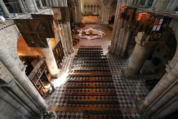 View of the 12th-century south transept and crossing from the gallery.