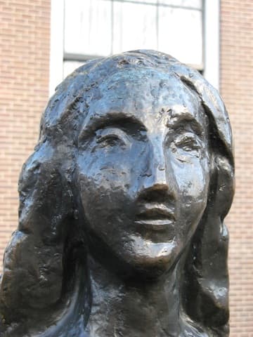 Closeup of the modern statue of Anne Frank near her house. Photo Claus Wolf. Related pages: