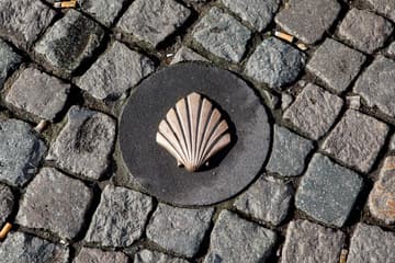 Symbol of the Camino de Santagio in a cobblestone street of Antwerp, Belgium.