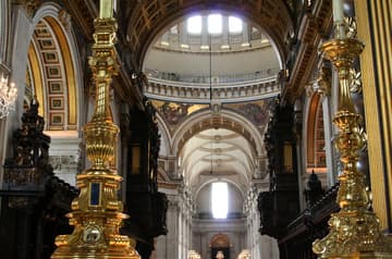 Looking west through the choir into the nave from the high altar. Construction on the present form of St Paul's Cathedral began in 1675 and was completed on October 20, 1708, the 76th birthday of its architect, Sir Christopher Wren.