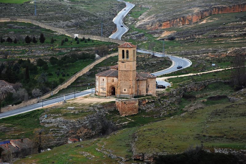 View of the Iglesia Vera Cruz (Church of the True Cross)  from the Alcazar. Segovia, Castile and Leon, Spain. The shrine church was built by the Knights Templar to house a relic of the True Cross and consecrated in 1208.
