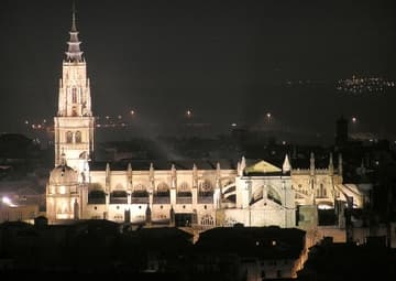 Toledo Cathedral by night, viewed from the Parador Nacional de Turismo to the south.