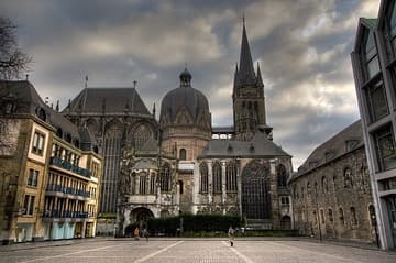 View of Aachen Cathedral from the north, enhanced with some Photoshop magic. The Palatine Chapel is in the center; the Gothic choir on the left.