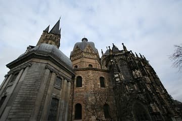 View of Aachen Cathedral from the south. The Palatine Chapel is in the center; the Gothic choir is on the right.