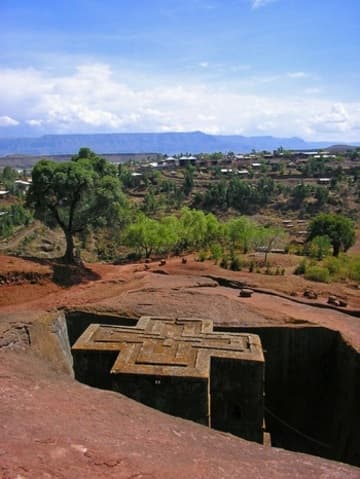 The most spectacular of the 11 rock-hewn churches at Lalibela is Bet Giorgis (St. George), shaped like a Greek cross.