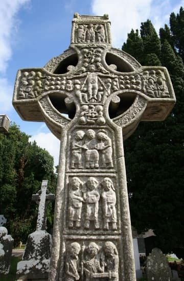 Western face of Muirdach's Cross, named for the abbot identified in an inscription on the base. It dates from 900-923 AD and stands 5.5m (16 feet) tall.